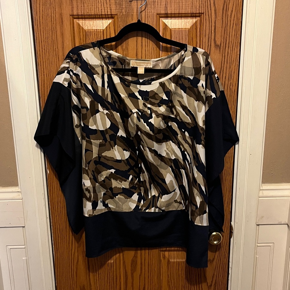 Michael Kors Abstract Camo Print Dolman Top in Black, Brown, Cream L/XL EUC